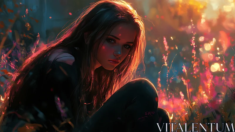 Twilight meadow fire paints a quiet girl in molten color