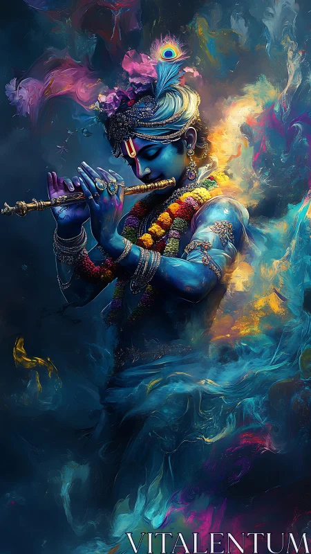 Mystical blue flutist surrounded by swirling cosmic colors.
