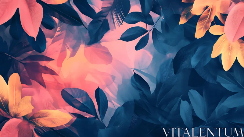 Dreamy tropical leaves glowing in soft sunset colors.