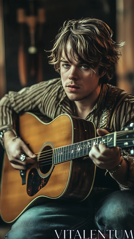 Softly lit guitarist lost in a quiet, soulful moment.