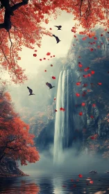 Autumn canyon waterfall framed by red foliage and drifting leaves