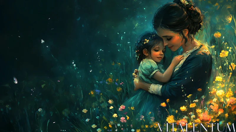 Digital painting rendering of maternal embrace within verdant garden luminosity framework