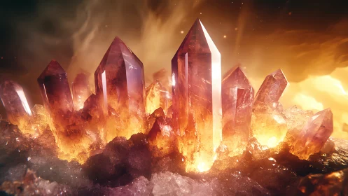 Luminous orange crystal cluster in cinematic volumetric light.