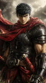 Storm-lit swordsman broods beneath a tattered crimson banner