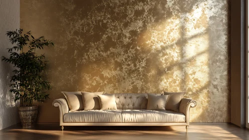 Luxurious tufted sofa against metallic textured accent wall.