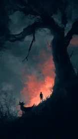 Digital painting of lone wanderer and hound under burning sky.