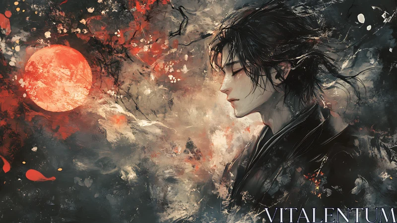 Melancholic warrior profile under red moon and swirling sky.