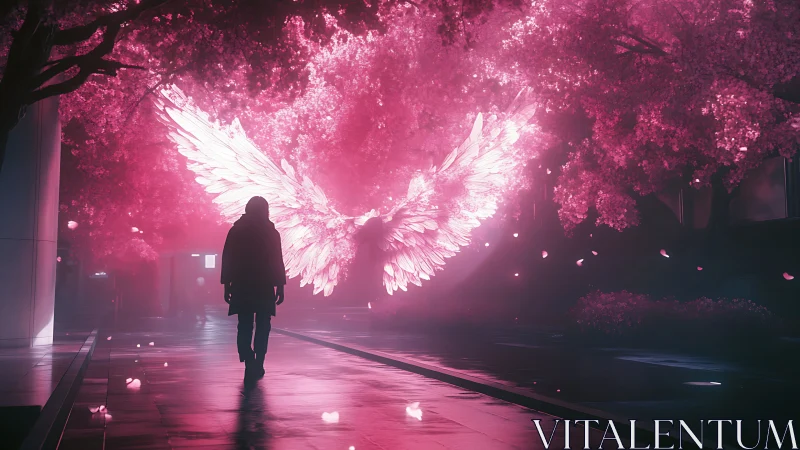 Silhouetted figure under neon angel wings in sakura corridor