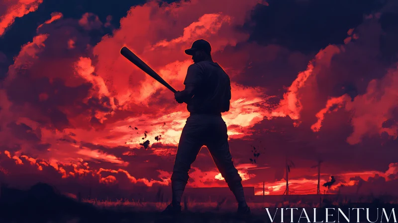 Lone batter ignites a storm-red sky with poised swing.