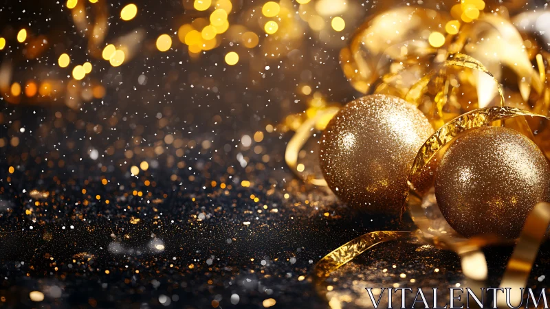 Photorealistic golden baubles with festive bokeh lighting.