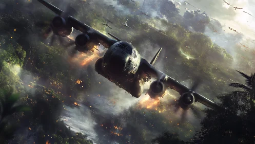 Storm-battered jungle skies with a roaring battle aircraft.