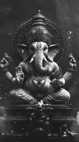 Monochrome Ganesha idol radiates calm in cosmic dusk.