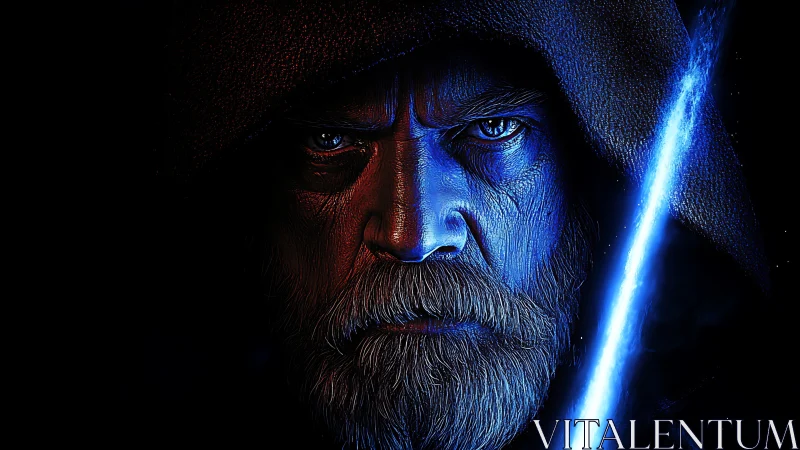 Hooded elder warrior locked in electric blue starlight stare.