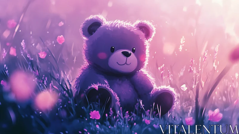 Plush teddy bear sits in purple flower field at sunset