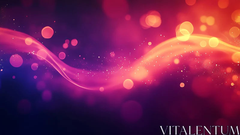 Curved magenta light trails with bokeh particles on dark gradient field