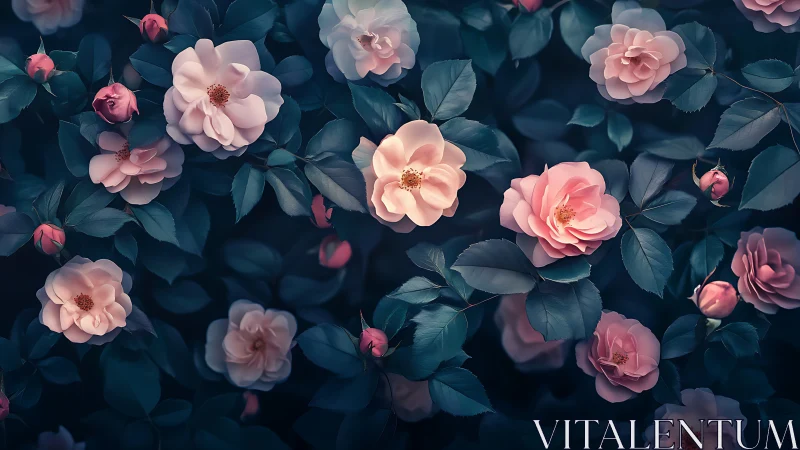 Pink roses bloom among teal foliage in layered botanical composition.