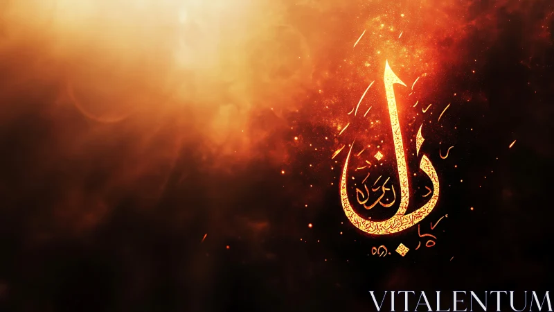 Arabic calligraphy symbol with glowing orange light field.