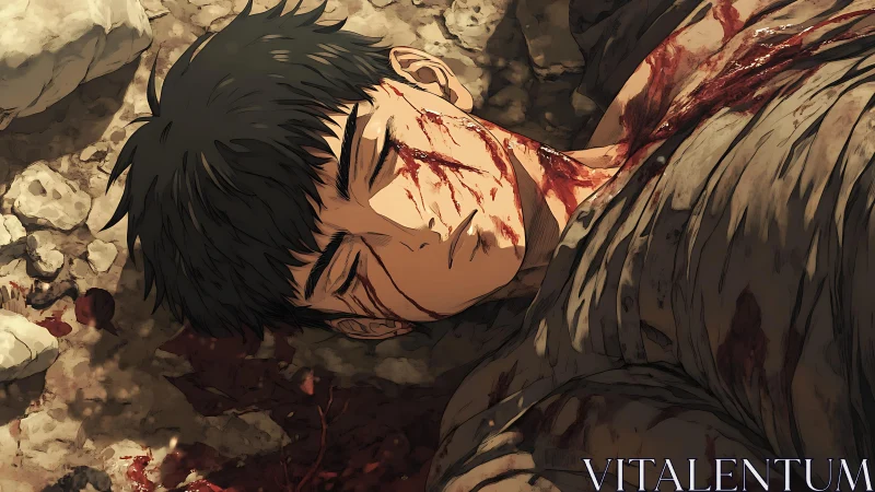 Bloodied anime soldier lying on rubble in harsh daylight.