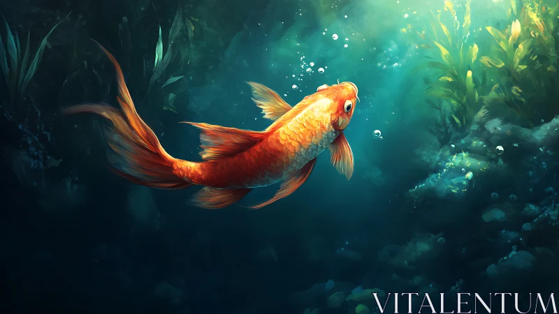 Orange koi fish in illuminated underwater vegetation scene.