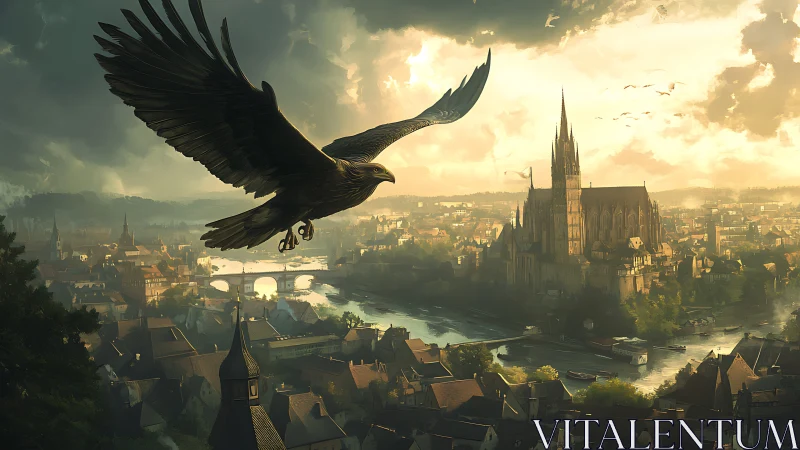 Large eagle soars above historic riverside city at sunset