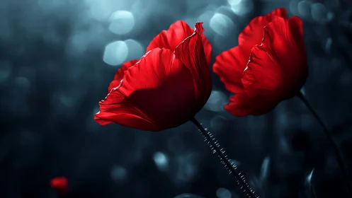 Vivid Red Poppies Against Moody Blue Bokeh Background