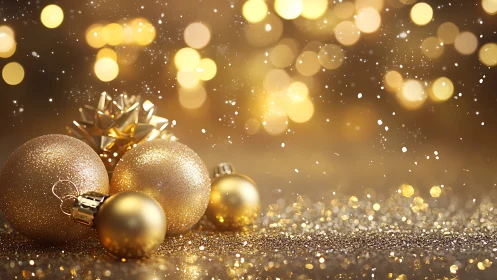 Gold ornaments and bow on glittered surface with bokeh.