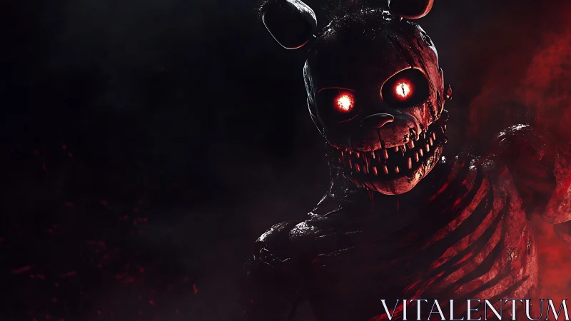 Mechanical rabbit figure stands in red-illuminated darkness