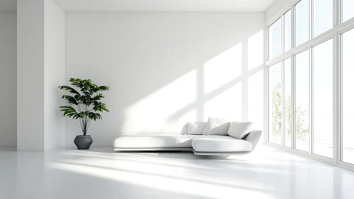 Minimalist white living room with sofa and potted plant.