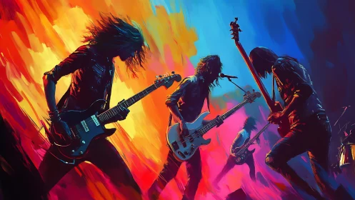 Dynamic rock band silhouettes against high-saturation gradient stage