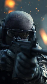 Tactical soldier aiming rifle in cinematic close combat.