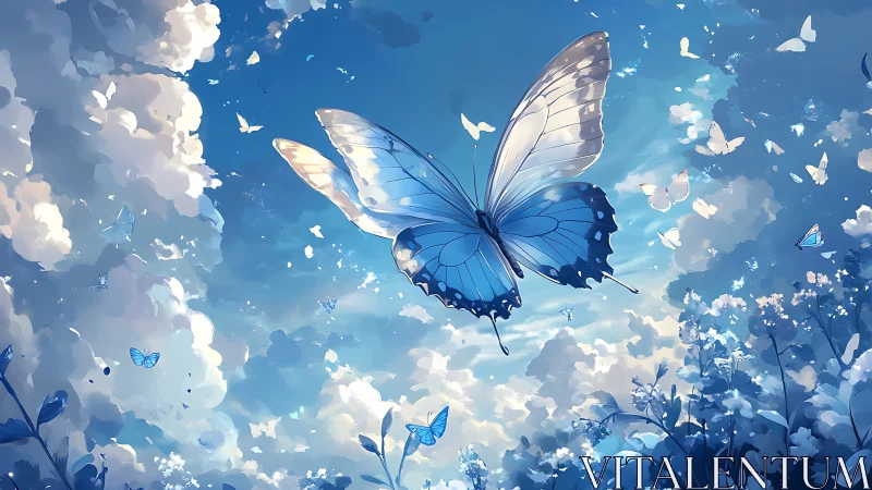 Blue butterfly ascends through luminous clouds and blossoms.