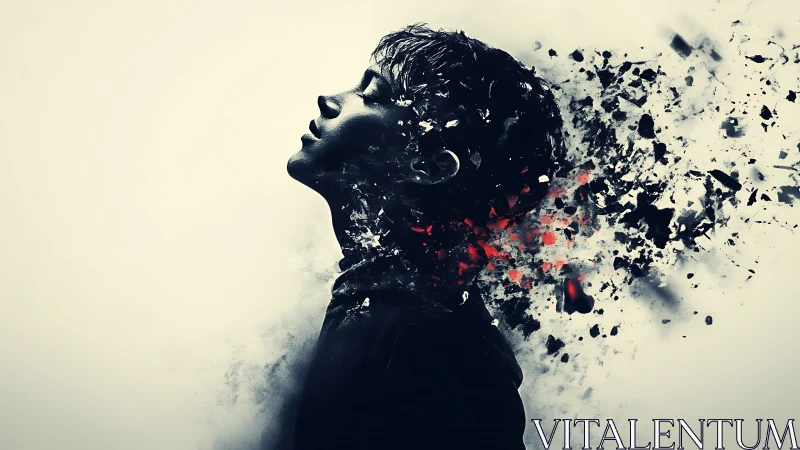 Disintegrating side-profile portrait with shattering particle debris