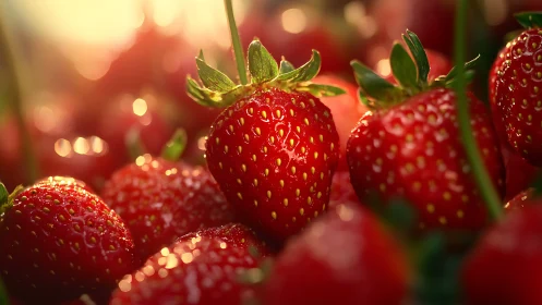 Macro close-up of sunlit ripe strawberries with shallow depth of field