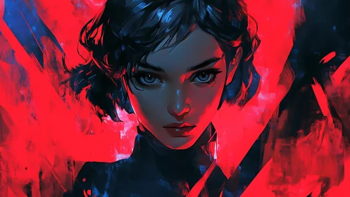 Neon-eyed rebel girl carved from electric red twilight.