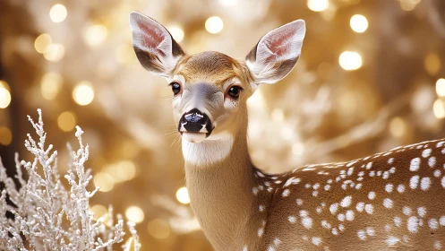 Starry-eyed winter fawn poised in golden holiday glow.