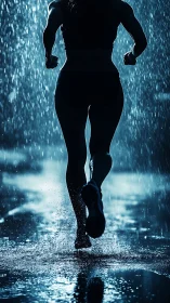 Silhouette runner training through heavy nighttime rain.