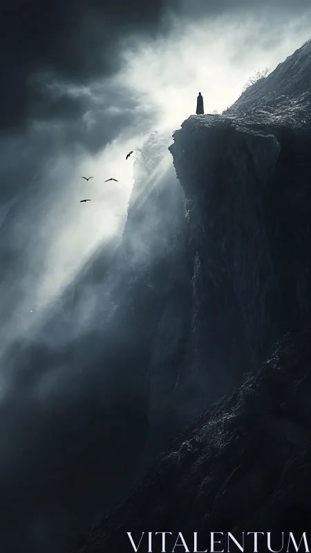 Lone wanderer greeting the stormy cliffside morning light.