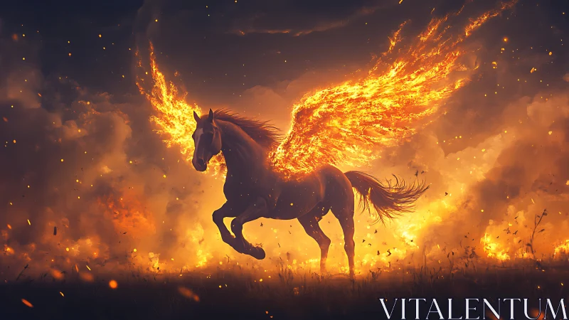 Fiery winged horse charges through a blazing inferno sky.