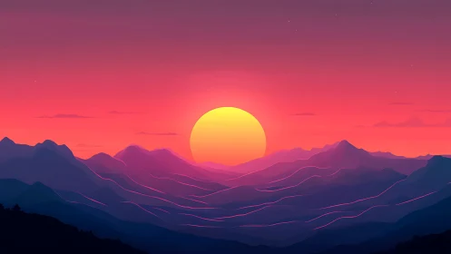 Sun descends behind layered stylized mountain silhouettes