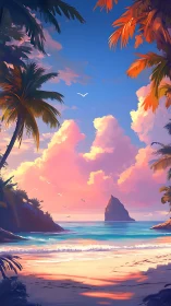 Tropical Paradise: Sunset Beach with Palms and Rock Formation.