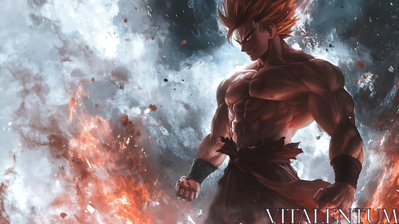 Fierce anime warrior emerging from swirling fire and frost.