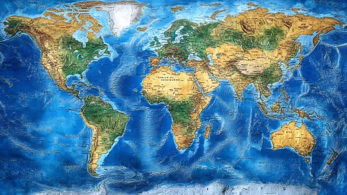 Textured political world map with vivid topographic relief.