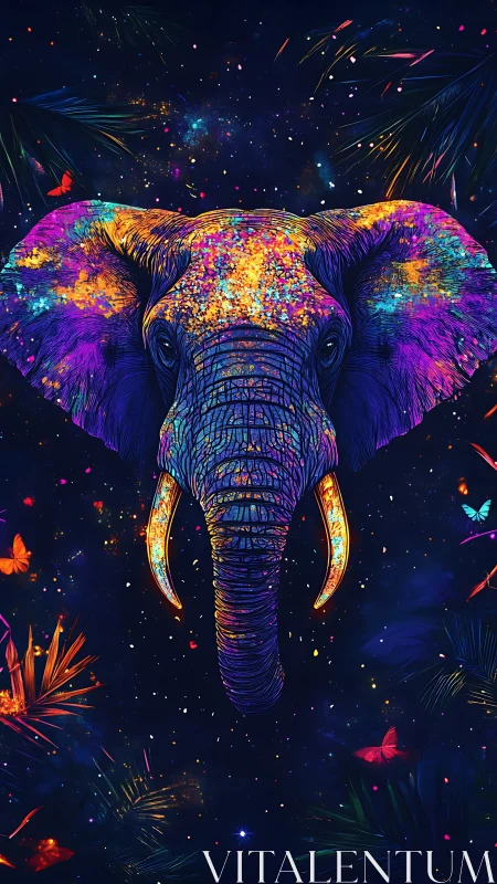 Chromatic elephant portrait in luminescent cosmic jungle.