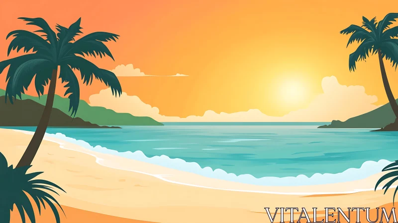 Tropical Paradise Sunset: Where Palm Trees Whisper Golden Dreams.