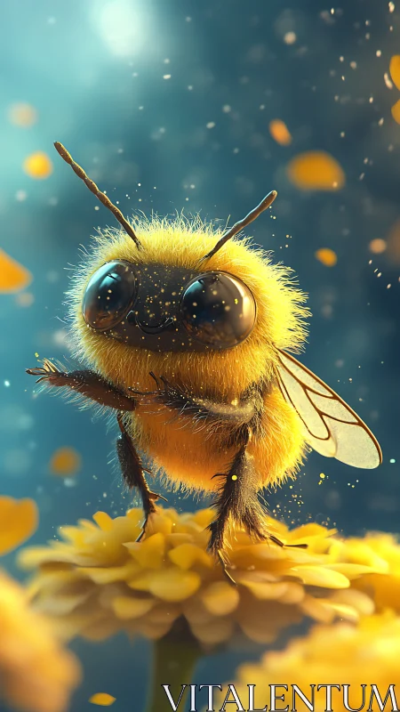 Macro-rendered fuzzy bee on marigold with bokeh particulates.