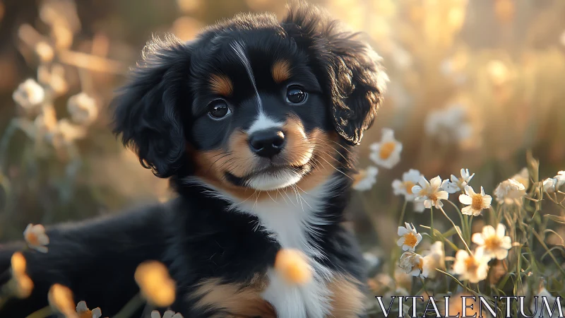 Puppy sits in soft-focus wildflower field under warm light