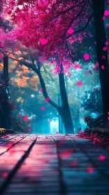 Neon dusk pathway under vivid pink blossom canopy.