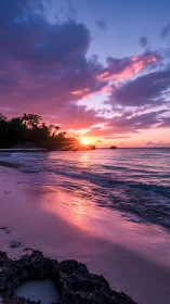 Low-angle tropical shoreline sunset with specular tidal reflections