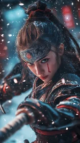 Fierce winter warrior poised in swirling snow and steel.