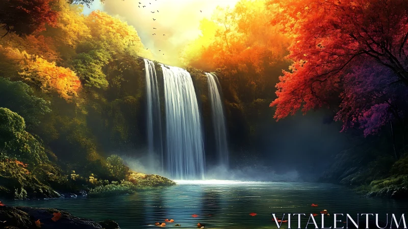 Sunlit forest waterfall in vivid autumn foliage glow.